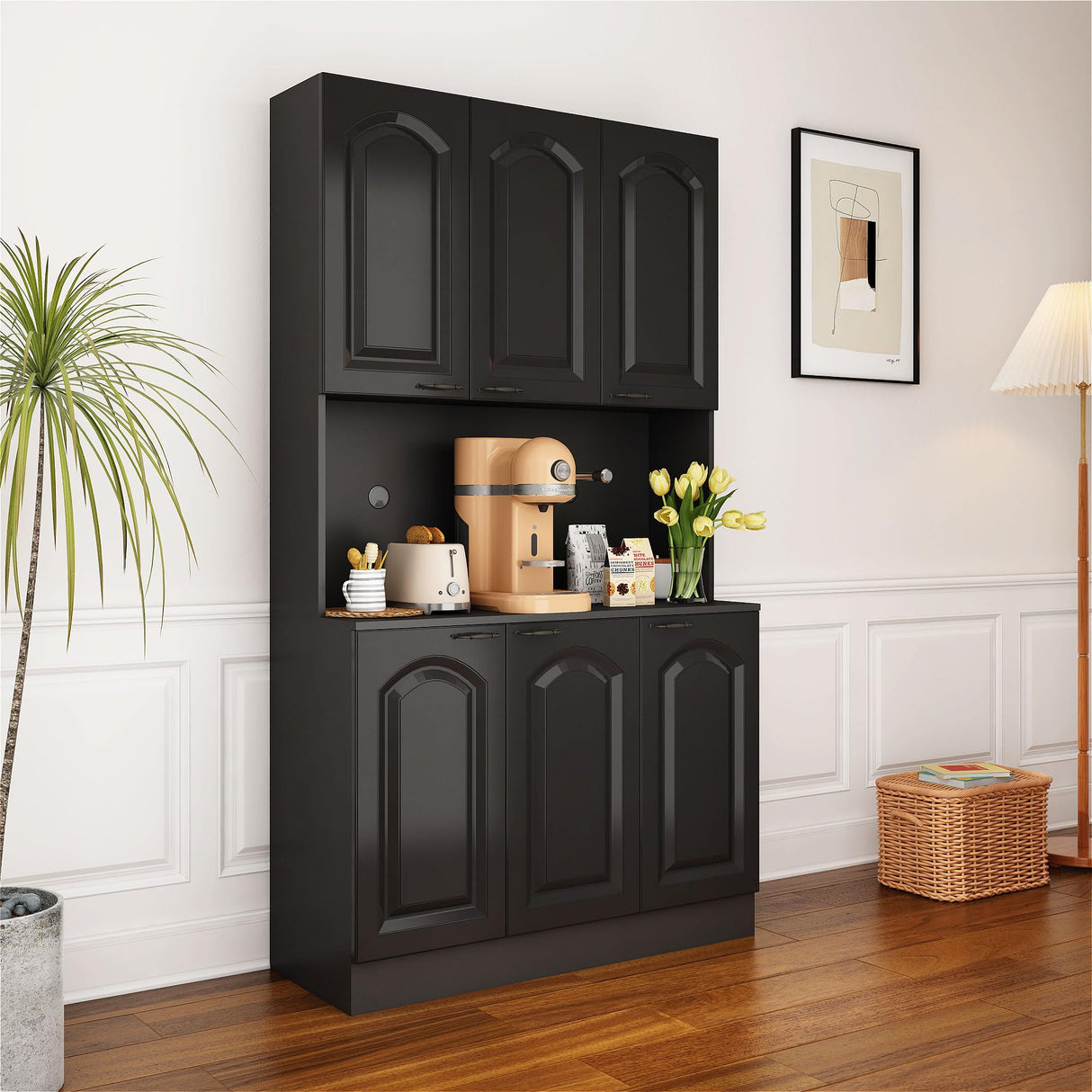 PHOYAL Kitchen Pantry, Kitchen Hutch Cabinet, Farmhouse Storage Cabinet Large Kitchen Pantry Storage Cabinet 71” Pantry Cabinet with 6 Doors and 1 Drawer for Kitchen Dining Room, Black PHOYAL