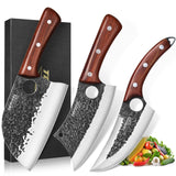 Topfeel 3PCS Butcher Knife Set, Hand Forged Serbian Chef Knife & Meat Cleaver Knife & Viking Knives, Meat Cutting Kitchen Knife Set for Home, Outdoor Cooking, Camping BBQ Gift Idea Men Topfeel