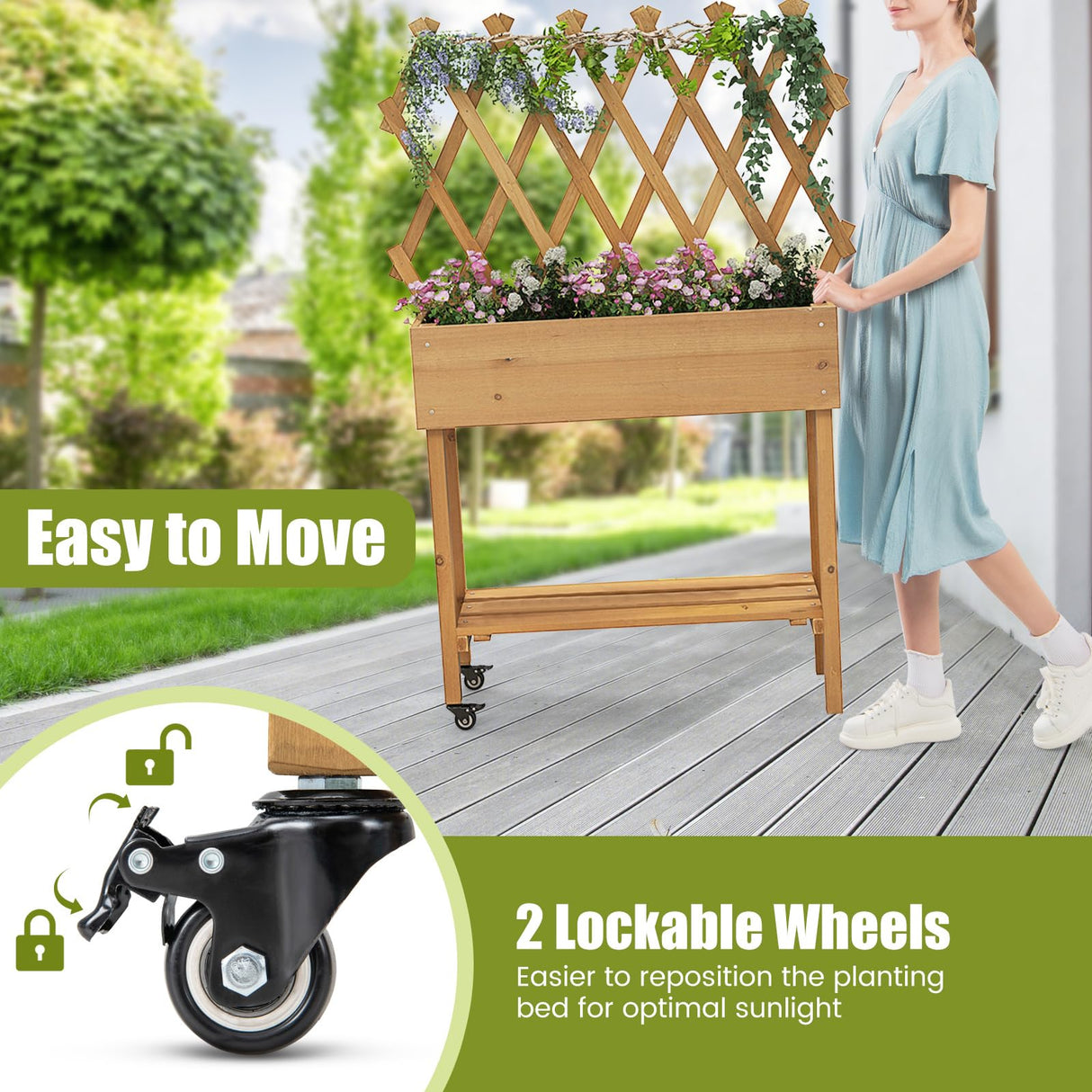 Toolsempire Raised Garden Bed with Trellis, Fir Wood Elevated Planter Bed with Legs, 2 Lockable Wheels & Storage Shelf, Wooden Planter Box Raised Bed for Gardening, Backyard, Balcony & Greenhouse Toolsempire