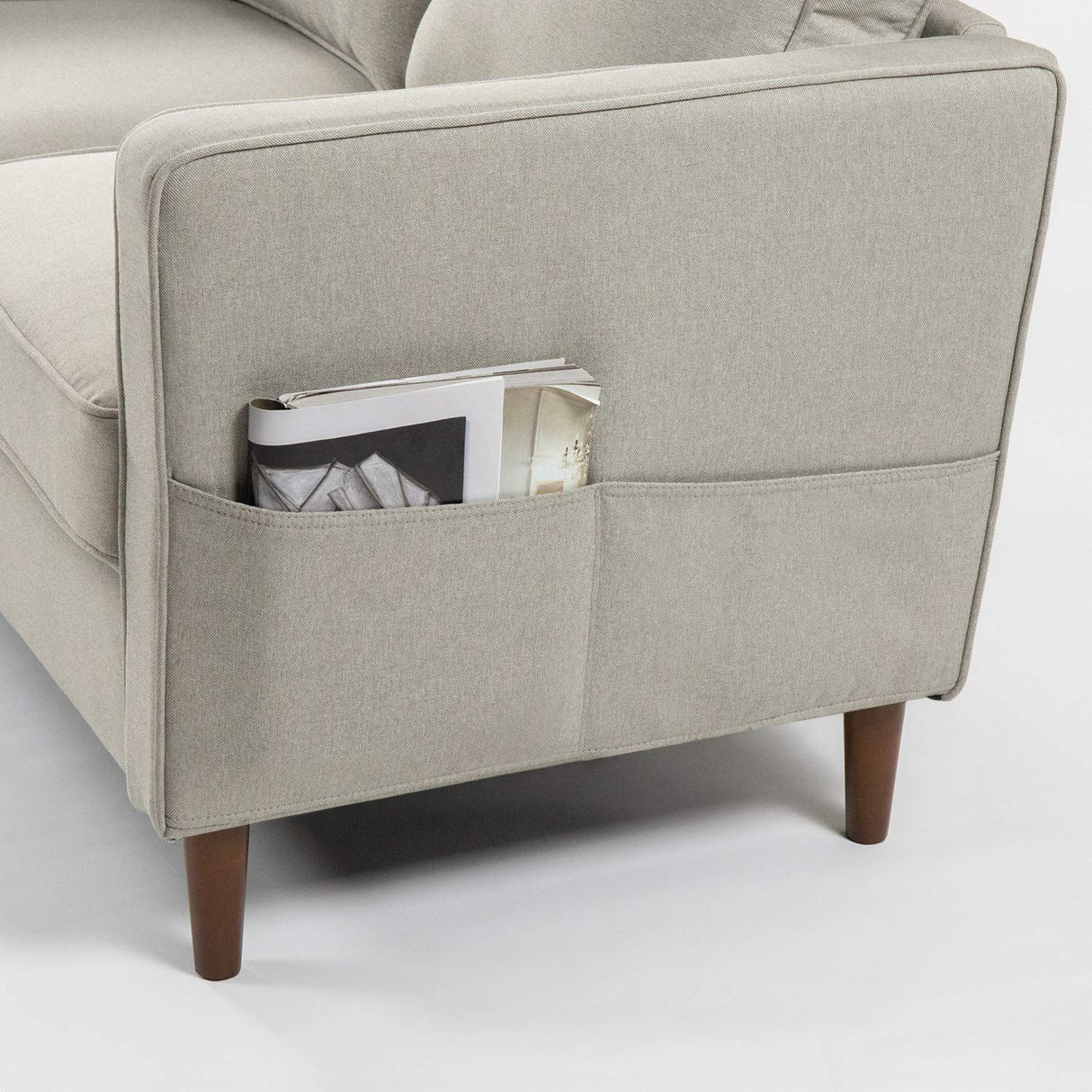 Mellow HANA Modern Linen Fabric Loveseat / Sofa / Couch with Armrest Pockets, Sand Grey Mellow