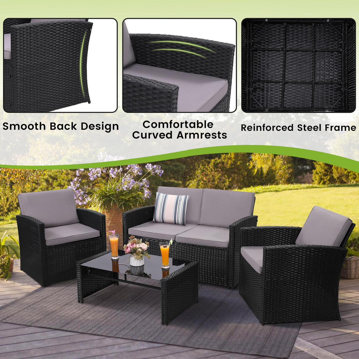 KROFEM 4 Pieces Patio Conversation Set, Outside Rattan Sectional Sofa, Cushioned Furniture Set, Wicker Sofa Ideal for Garden, Porch, Backyard, Black Color Rattan and Light Grey Cushion KROFEM