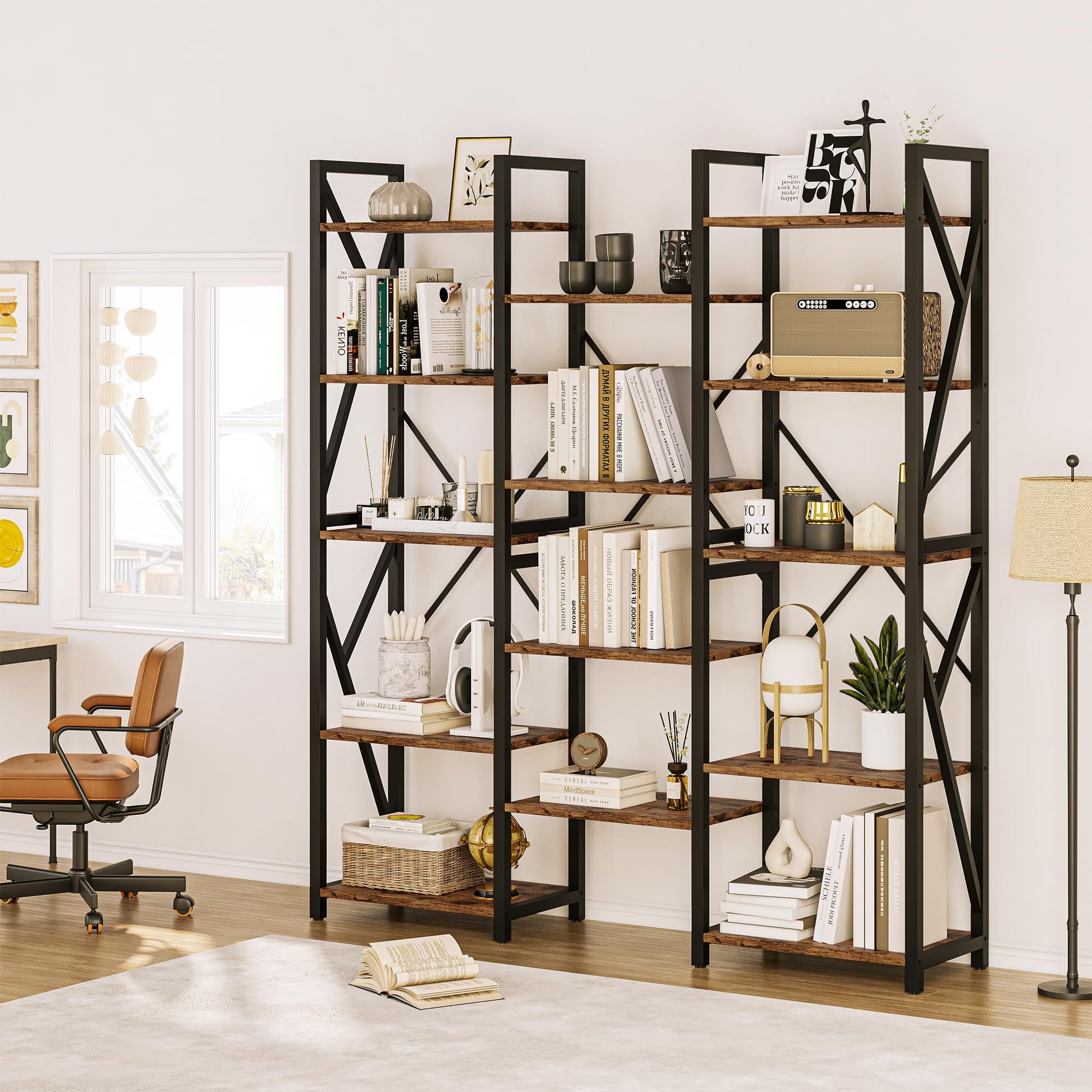 GAOMON 70.8” Triple Wide Rustic Brown 5-Tier Industrial Bookshelf with 14 Open Shelves - WoodArtSupply