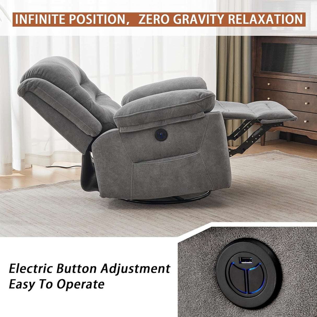 Ketaiyou Power Swivel Rocker Recliner with Massage and Heat, USB Port, Infinite Position, Oversized Electric Glider Rocking Chairs Living Room, Soft Fabric Reclining Sofa Chair(Misty Gray) Ketaiyou