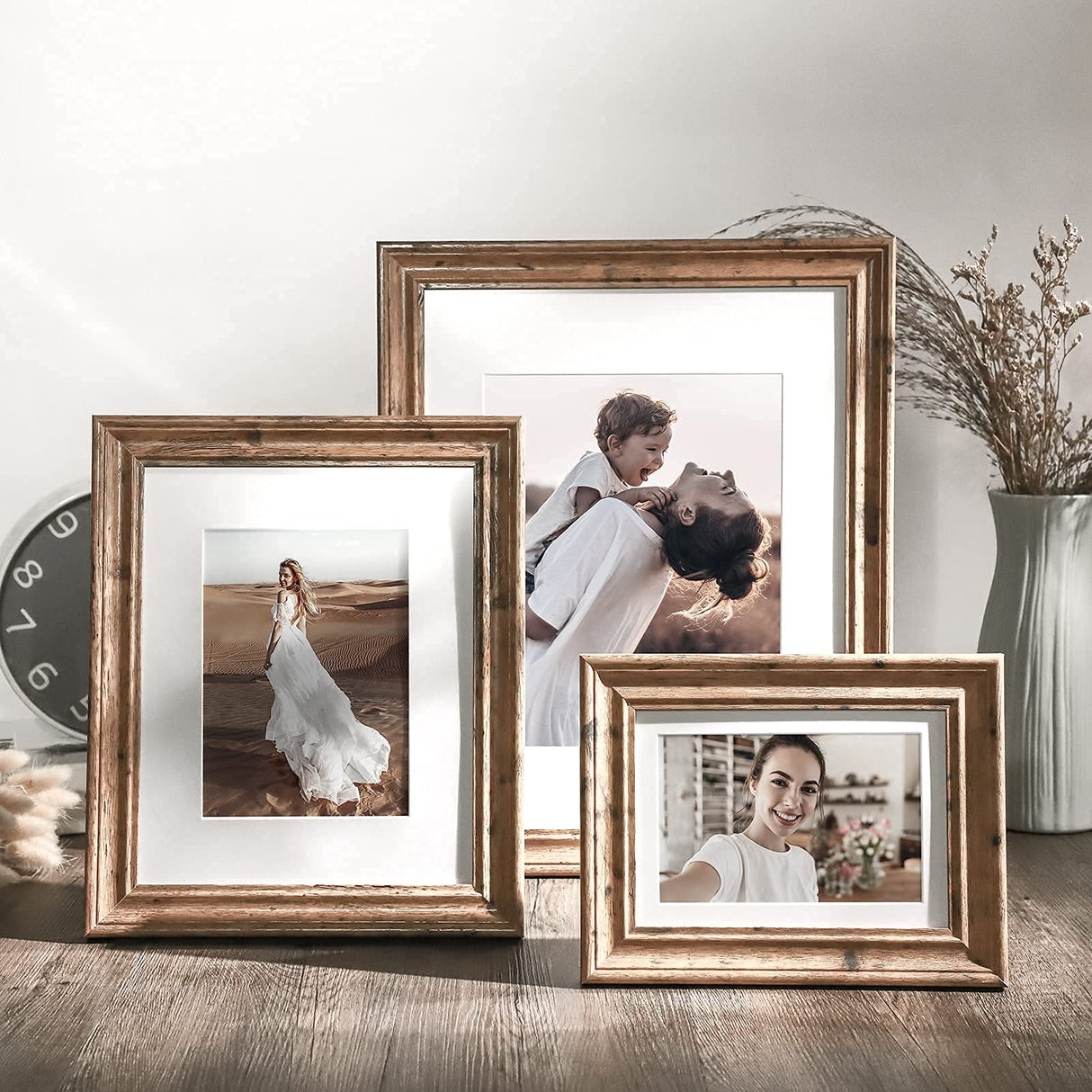 TWING 5x7 Picture Frames Set of 6, Rustic Picture Frame 4x6 with Mat or 5X7 Without Mat, Tabletop Display Wall Mounting Collage Photo Frames Brown Walnut Wood Pattern TWING