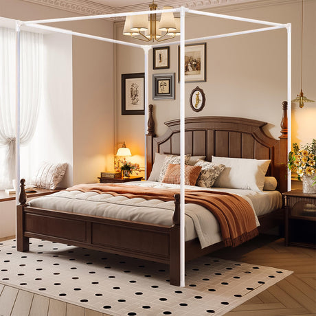 Stainless Steel Canopy Bed Frame Queen Size, Heavy Duty Queen Size Metal Canopy Frame for Metal Bed Wood Bed Bedroom Decor, White Jondow