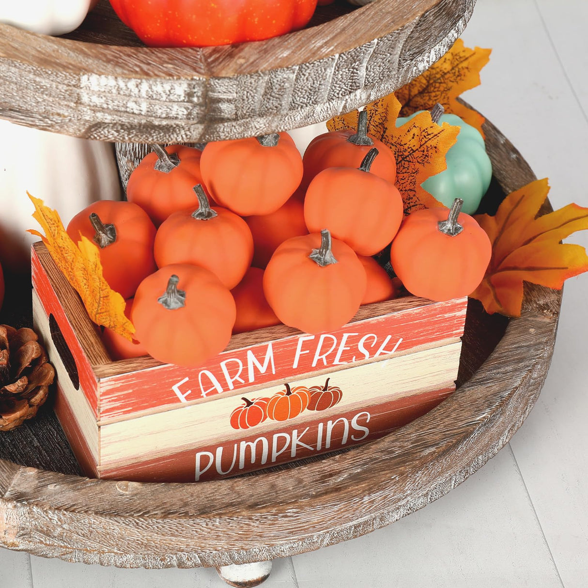 Whaline Fall Decorations for Home Indoor Fall Thanksgiving Table Decor Wooden Crate with Pumpkin Maple Leaf Wood Frame Small Blackboard Farmhouse Fall Kitchen Tiered Tray Decor Mantle Shelf Desk Whaline