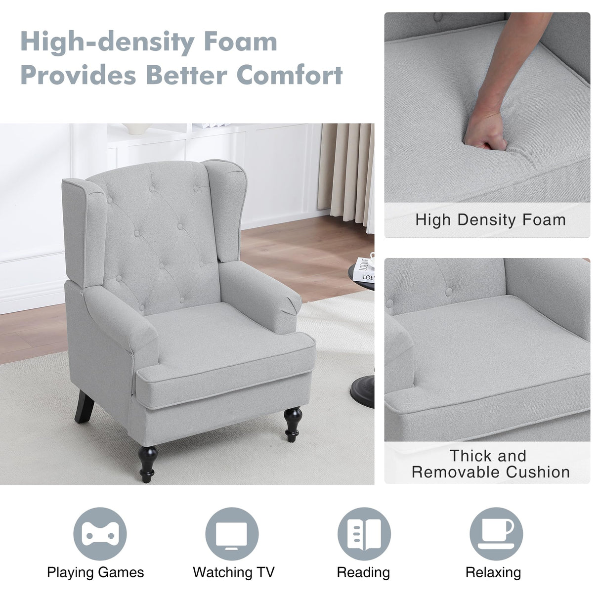 choairy Accent Chair for Living Room, Mid Century Modern Wingback Chair, Upholstered Fabric Armchair with High Back and Vintage Legs, Comfy Single Sofa Side Reading Chairs for Bedroom, Light Grey choairy