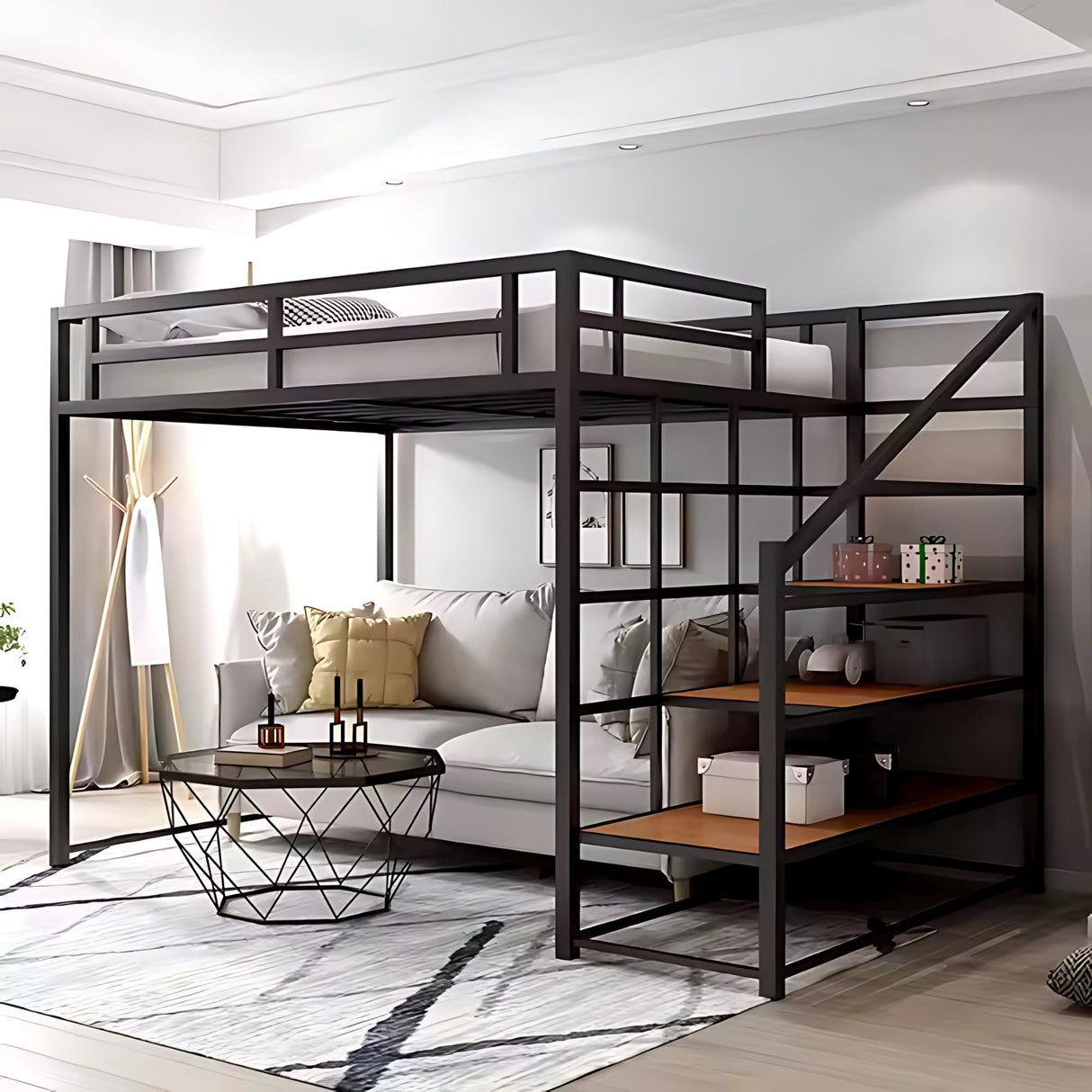 Dreame. Modern LoftPro Twin XL Metal Loft Bed Frame with Storage Shelves & Stairs, Space-Saving Design, Black Finish Dreame.