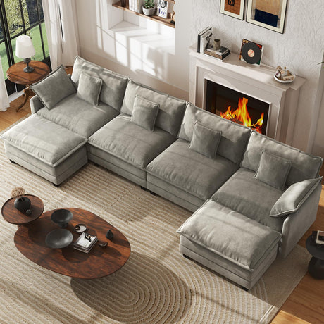 WorthFurni 146” Oversized Modular Sectional Sofa, U Shaped Cloud Couch Set for Living Room, 4-Seater Comfy Chenille Couches with 2 Movable Ottomans, DIY Combination （Grey） WorthFurni