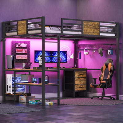 BTHFST Full Size Loft Bed with L-Shaped Desk and 3 Storage Drawers, LED Lights & Charging Station, Open Storage Shlef, Metal Loft Bed Frame with Solid Slats and Guardrail, Space Saving, Black