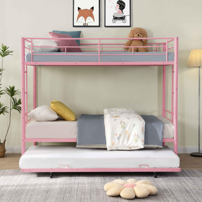 Zyerch Twin Over Twin Bunk Bed with Trundle, 3 Bunk Beds for Kids, Twin Bunk Beds Metal Bed Frame with 2 Ladders & Full Length Guardrail, Noise Free Metal Bunkbeds, Pink