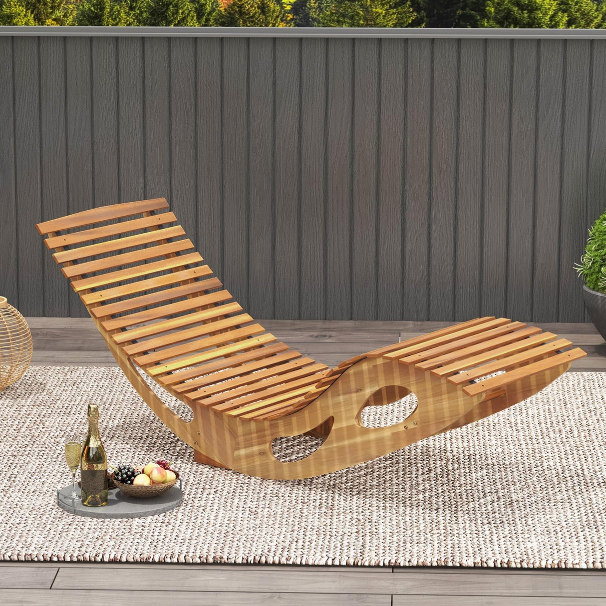 Giantex Acacia Wood Outdoor Rocking Chair, Patio Lounge Chair with Ergonomic Curved & Slatted Seat, High Back, Bottom Stopper, Outside Chaise Lounge, 63”x23.5”x26” Pool Lounger for Porch, Yard (1) Giantex