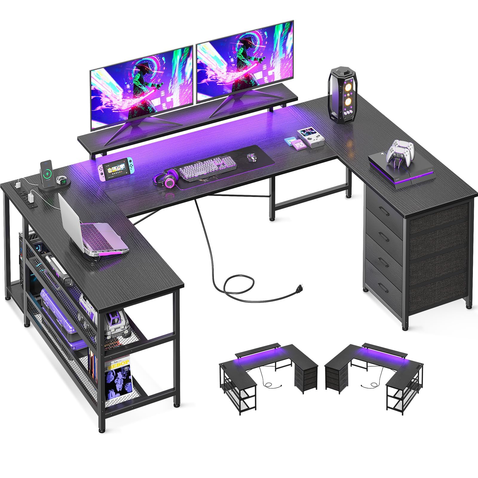 ODK U Shaped Desk with Power Outlets & LED Strip & Monitor Stand, 66" Reversible L Shaped Desk with Drawers and Storage Shelf, Home Office Gaming Desk, Black - WoodArtSupply