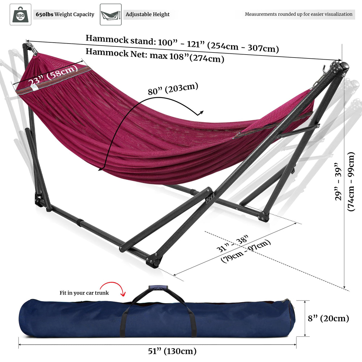 Tranquillo Double Hammock with Stand Included for 2 Persons/Foldable Hammock Stand 600 lbs Capacity Portable Case - Inhouse, Outdoor, Camping, Red Tranquillo