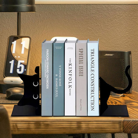 ENCIMART Book Ends Cat Decor Unique Bookshelf, Cute Metal Bookends for Shelves, Black Bookends to Hold Books for Bedroom Library Office School Book Desktop Organizer Cat Lover Gifts ENCIMART