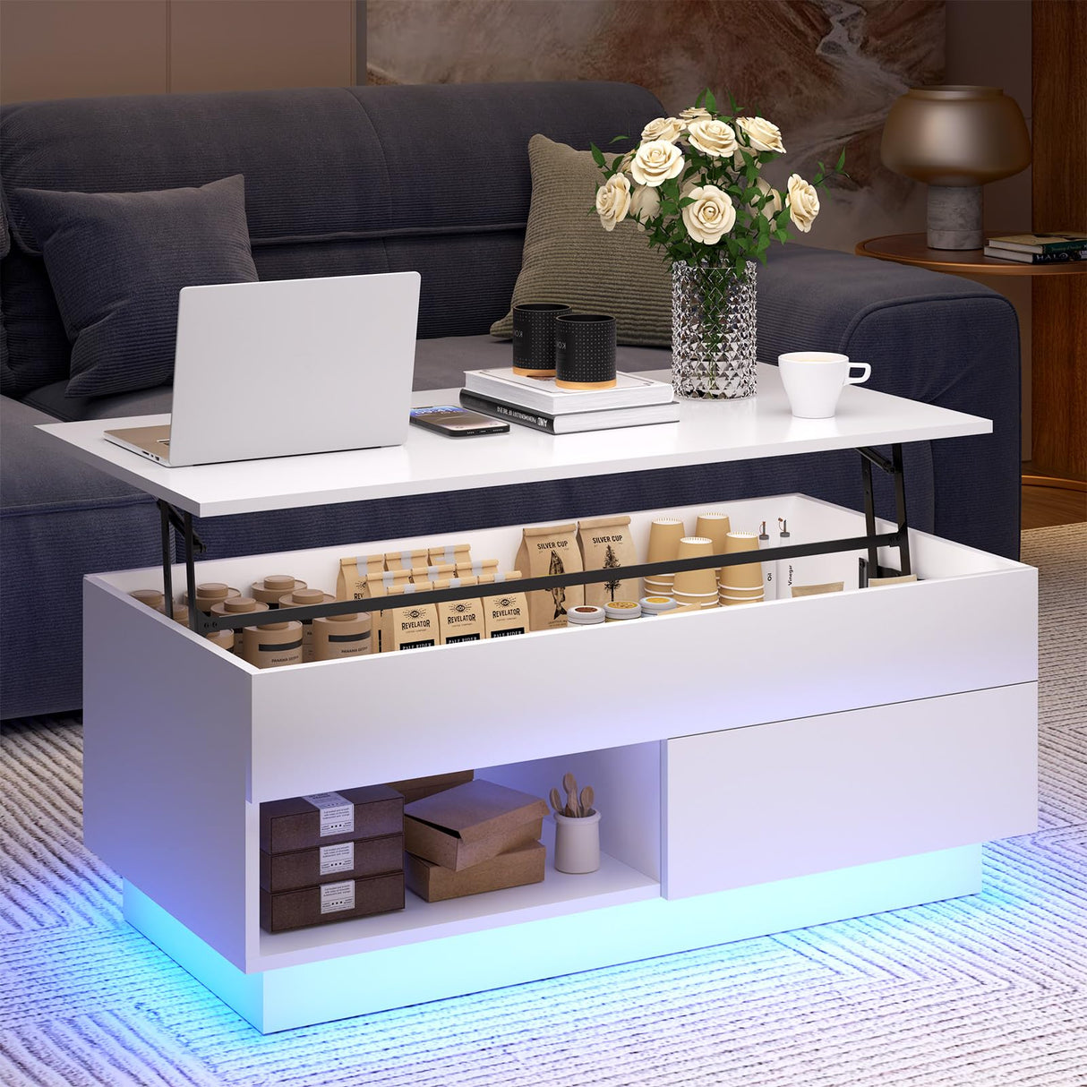 LED Coffee Table White Lift Top Coffee Table with Storage Modern Tea Table with Drawer Lift Up Dining Center Table with LED Light for Living Room Home Office HOMMPA
