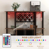 HOMCOM Wine Bar Cabinet with Charging Station and LED Lights, Industrial Liquor Cabinet Bar Stand for Home with 10-Bottle Wine Rack, Glass Holders, Mesh Doors, and Open Shelves, Rustic Brown HOMCOM