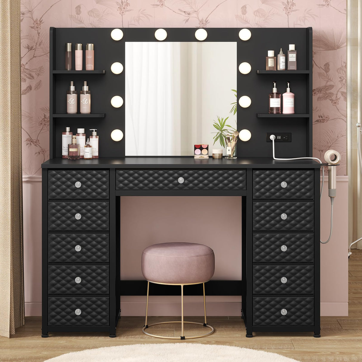 HAUOMS Vanity with Lights and Mirror, 11 Drawer Makeup Vanity with Power Strip, 6 Open Shelves, 43.3” Vanity Desk with Storage, Dressing Table with 3 Color Modes for Bedroom, Women, Girls, Black HAUOMS