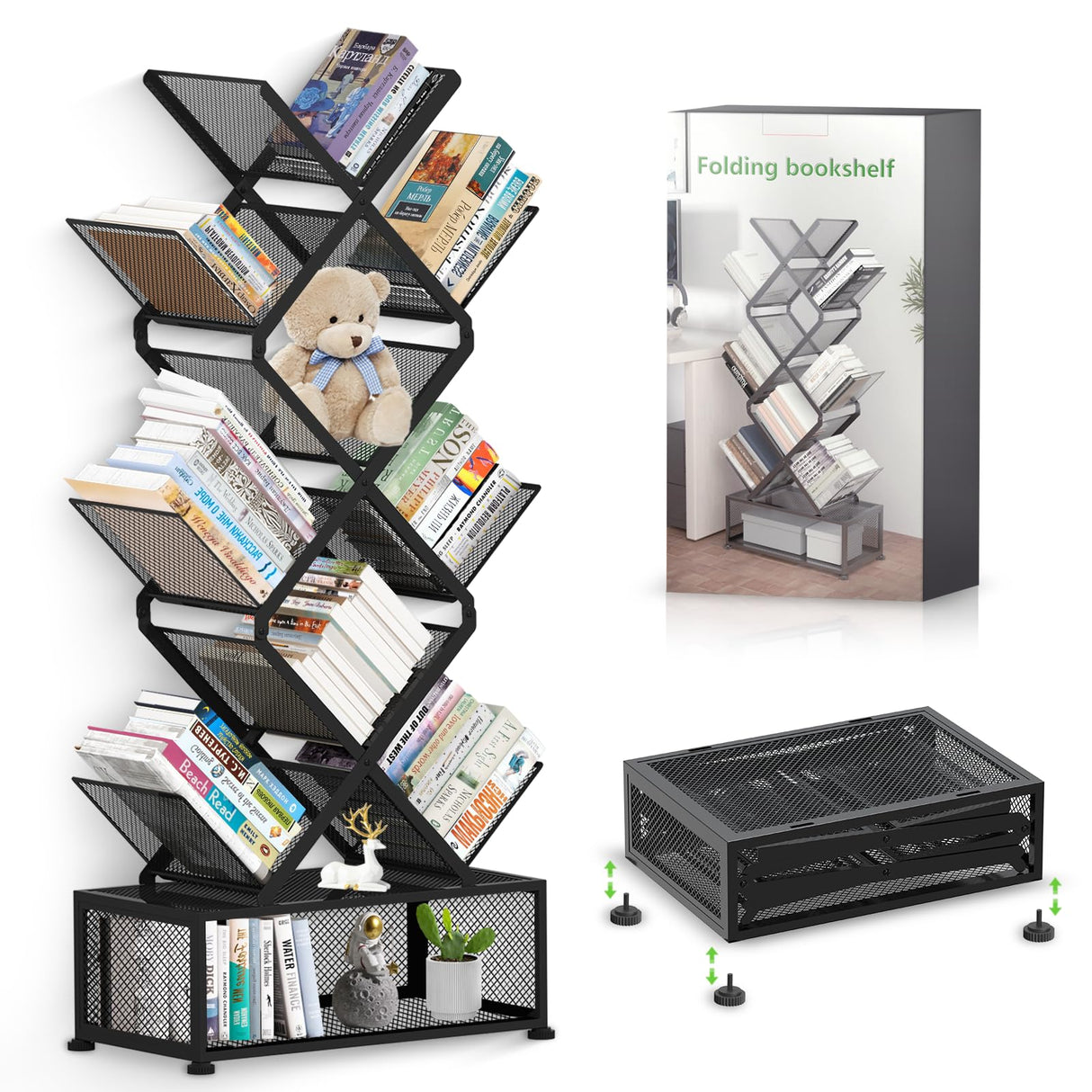 Onadak 9 Tier Folding Tree Bookshelf, Tall Bookcase with Storage Cabinet, Modern Narrow Bookshelves Organizer, Floor Standing Book Shelf for Bedroom/Living Room/Home Office/Corner (Black) Onadak