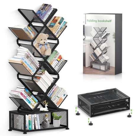 Onadak 9 Tier Folding Tree Bookshelf, Tall Bookcase with Storage Cabinet, Modern Narrow Bookshelves Organizer, Floor Standing Book Shelf for Bedroom/Living Room/Home Office/Corner (Black) Onadak