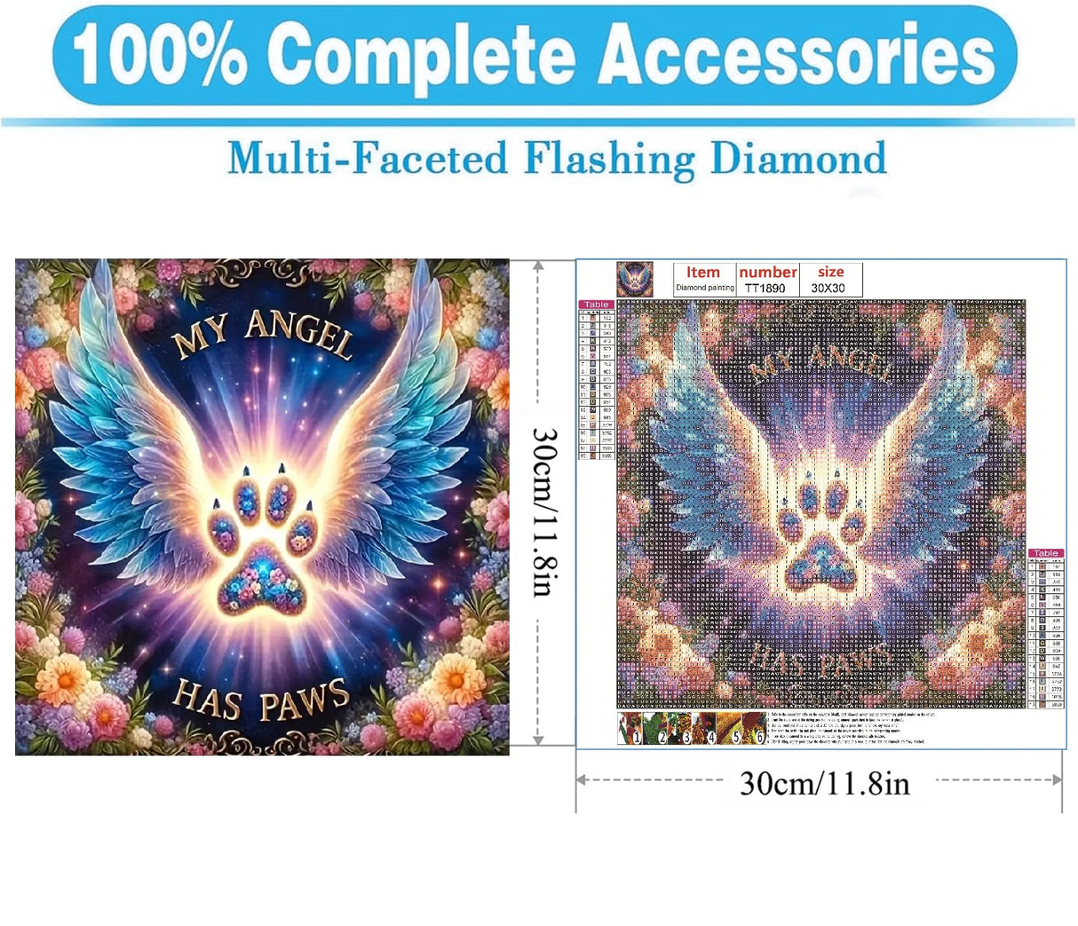 MOMDEDP 5D Angel Diamond Painting Kits for Adults, Angel Wings Flowers Diamond Art Kit for Beginners, Angel Paws DIY Full Round Diamond Art Craft Kits for Adult for Wall Decor 12x12 Inch MOMDEDP