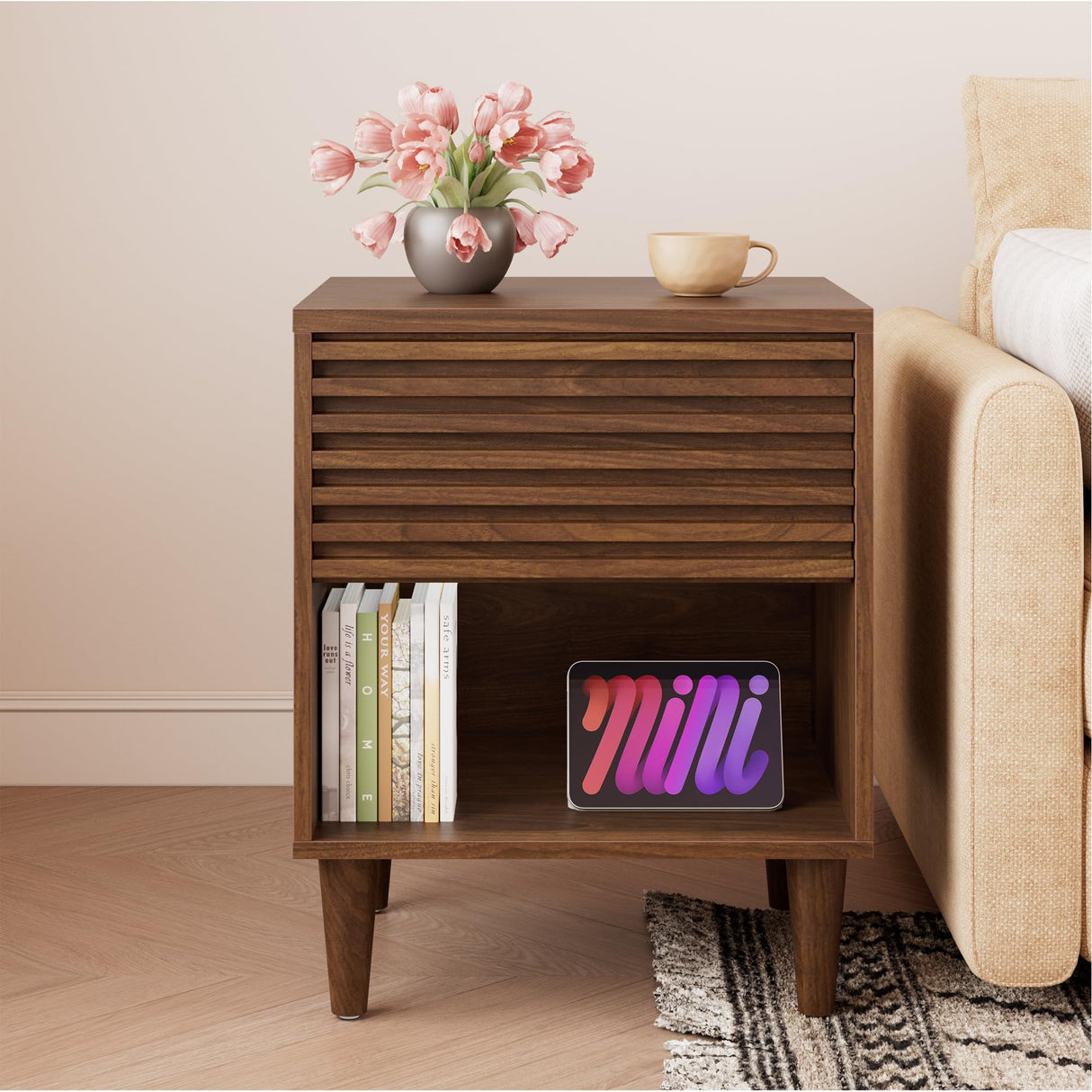 Alohappy Nightstand Set of 2, Mid Century Modern Nightstand, Wood Fluted Bedside Table with Drawer and Storage for Bedroom, Side Table, Accent Table, End Table for Living Room, Brown, 2pcs Alohappy