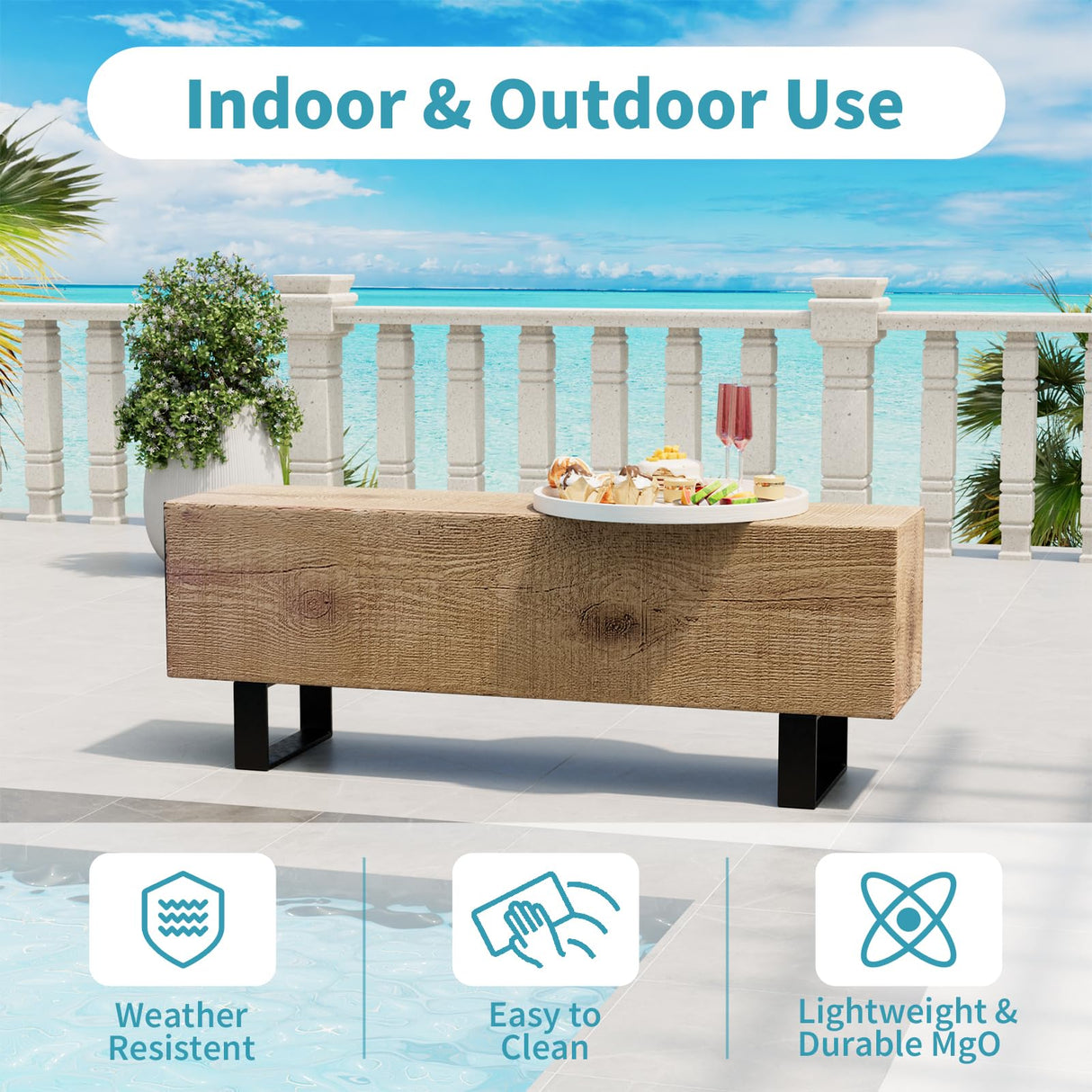 AQUILLA Modern Outdoor Bench, Faux Wooden Patio Bench, Concrete Backless Porch Bench Weatherproof, Anti-Rust Metal Legs Garden Benches for Entryway, Park, Yard (48",Light Brown) AQUILLA