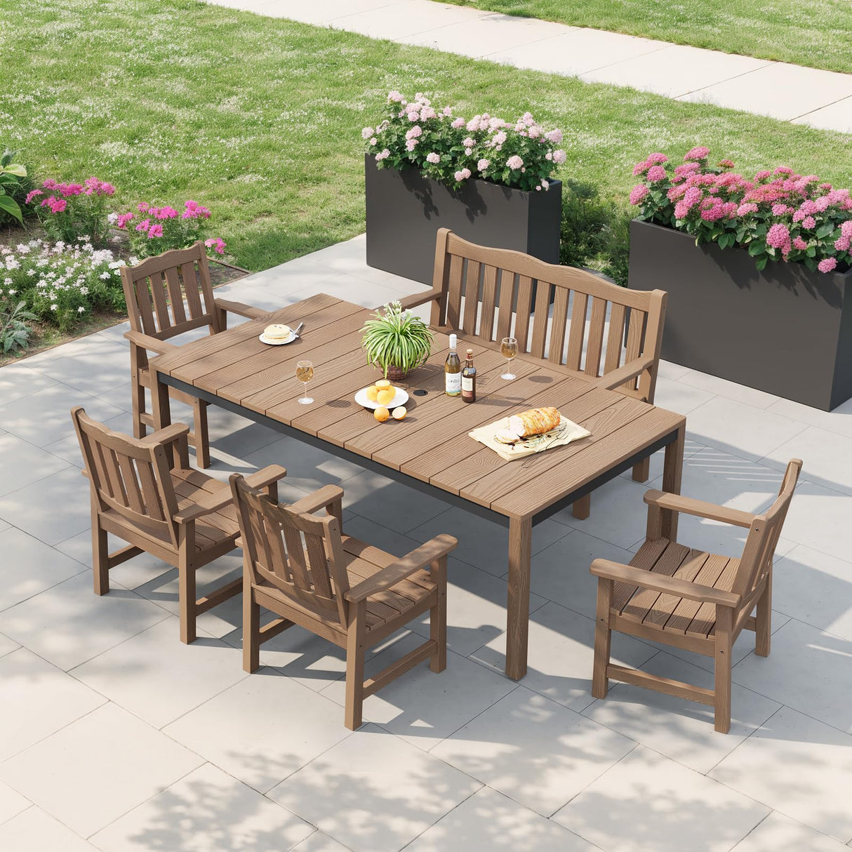 Outdoor Bench, 2-Person Poly Lumber Garden Bench, All-Weather Outside Bench with 800 lbs Weight Capacity, Never Rot or Fade, Looks Like Real Wood, Teak Stoog