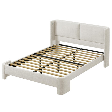 LIKIMIO Queen Bed Frame with Headboard, Upholstered Bed Frames with USB Ports, Base Cama Bed Frame No Box Spring Needed, Cream White LIKIMIO