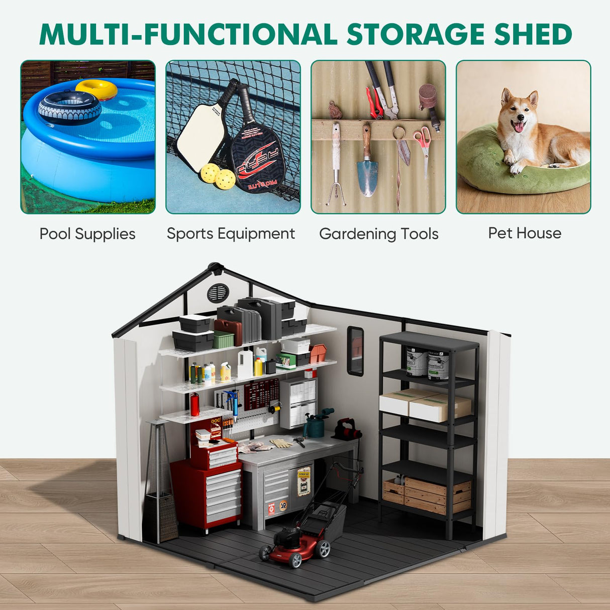 INTER HUT 8x6 Resin Outdoor Storage Shed with Floor, Plastic Tool Shed for Gardening, Patio, and Deck, White/Gray INTER HUT