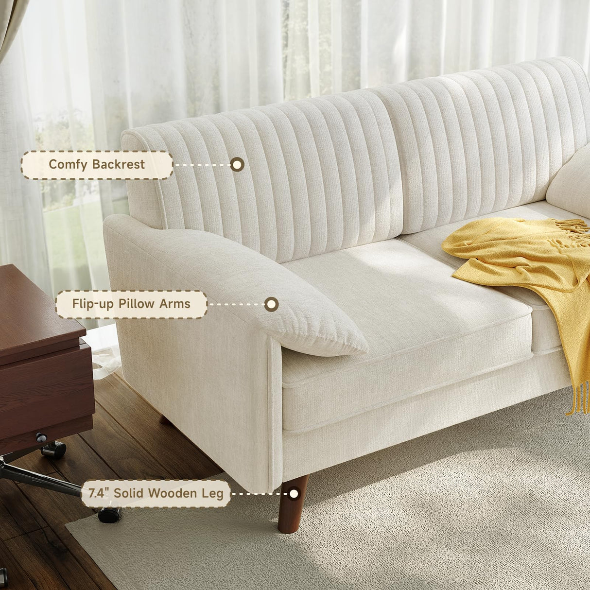 ONBRILL 64.5" Loveseat Sofa, Chenille Loveseat Couch for Living Room, 23.2" Deep Seat Love Seat with Padded Arms, Comfy Modern Small Couches for Bedroom, Small Spaces, Dorms, Office, Beige ONBRILL