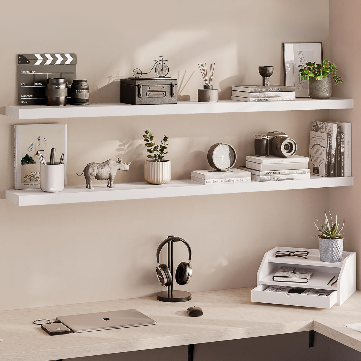 Ballucci Floating Shelves for Wall, 60" Wood Wall Shelf Set of 2, with Invisible Brackets for Bathroom, Living Room, Bedroom, Kitchen, Nursery, 8" Deep, White Ballucci