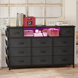 YGEOMER Black Dresser for Bedroom with Power Outlets and LED Lights 11 Drawers with Side Pocket, Fabric Drawers with PU Finish, Frame & Wood Top for 60inch TV Long Dresser Storage Organizer YGEOMER