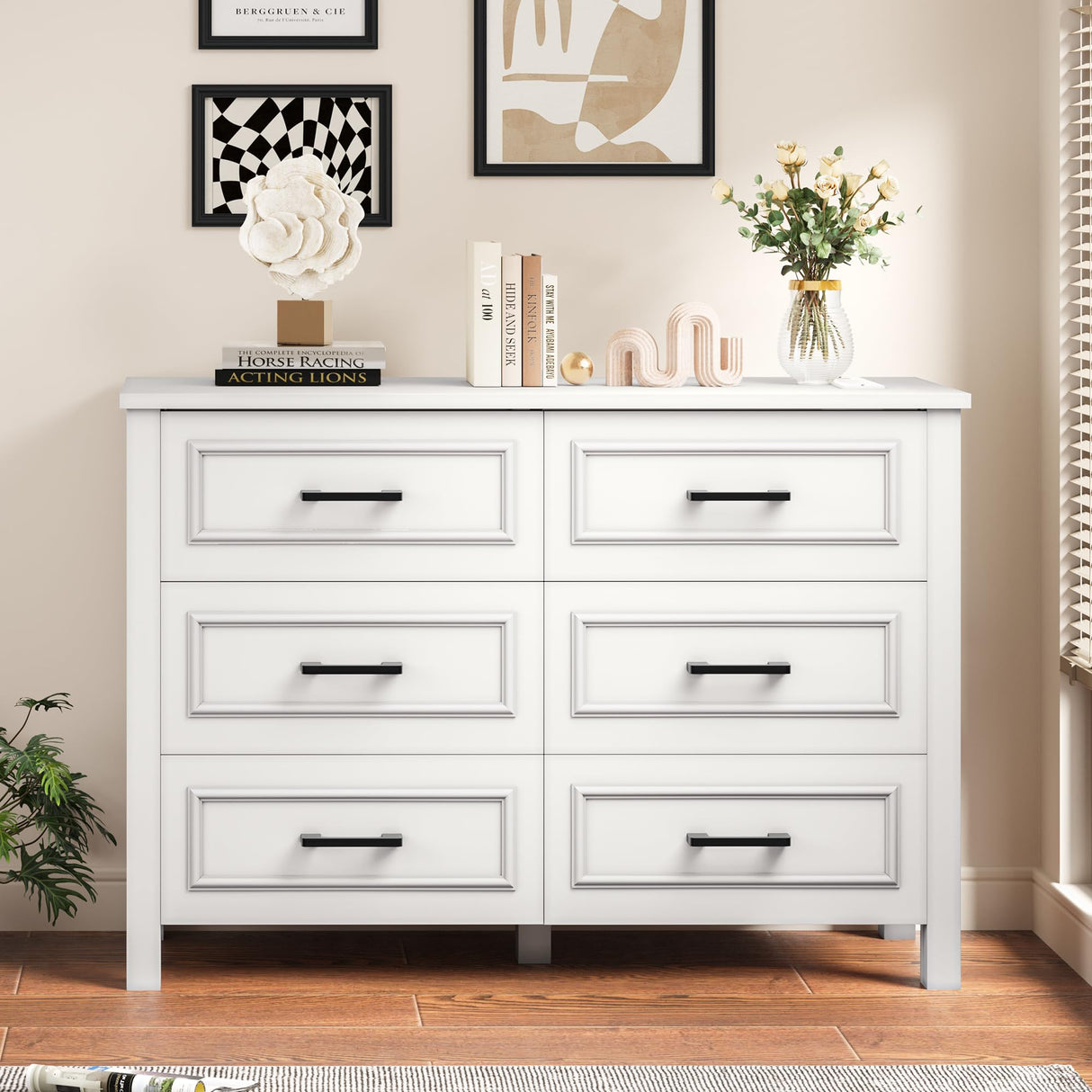 DWVO Farmhouse Wooden Dresser TV Stand with Power Outlet, 6-Drawer Dresser with Large Storage Drawers and Bar Handles, Ideal for Bedroom, Living Room, Hallway, 47.2" x 15.7" x 33.4" - White DWVO