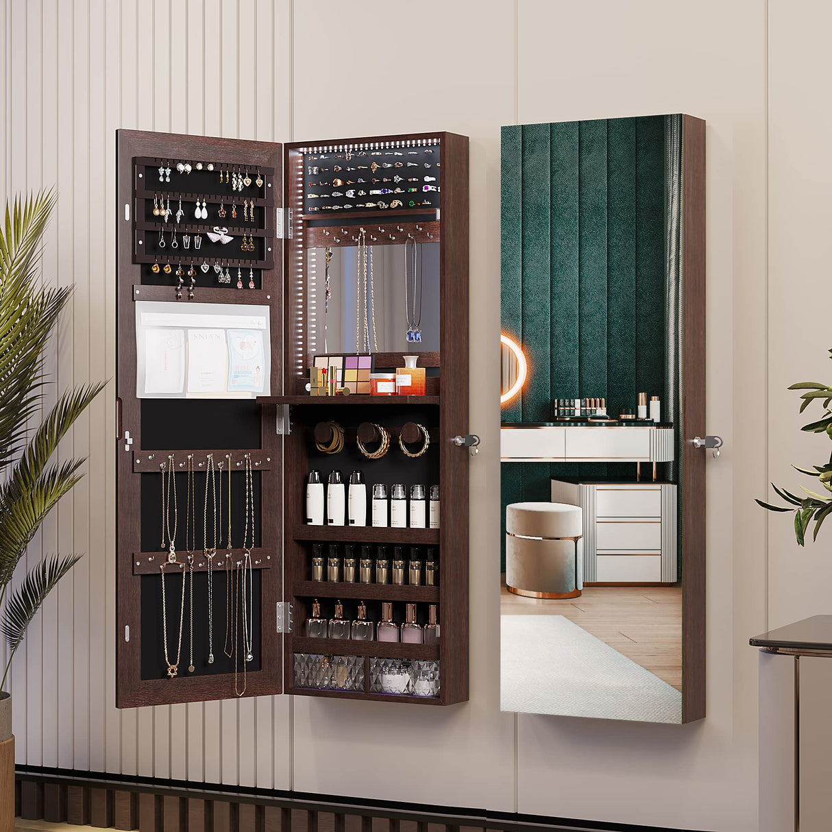 FREDEES LED Jewelry Wardrobe with 42.52" Tall Door Mirror, Full Length Mirror Jewelry Cabinet, Lockable Jewelry Organizer, Wall/Door Jewelry Box and Organizer / 2 Small Storage Boxes (Brown) FREDEES