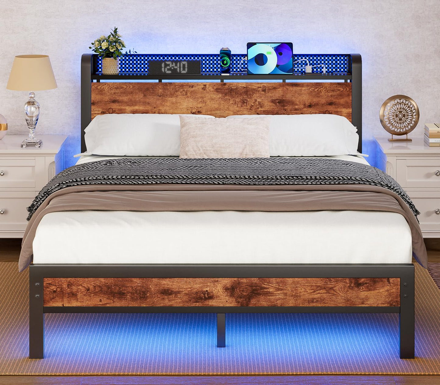 Furnulem Industrial Full Bed Frame with LED Lights & USB Charging Station - WoodArtSupply