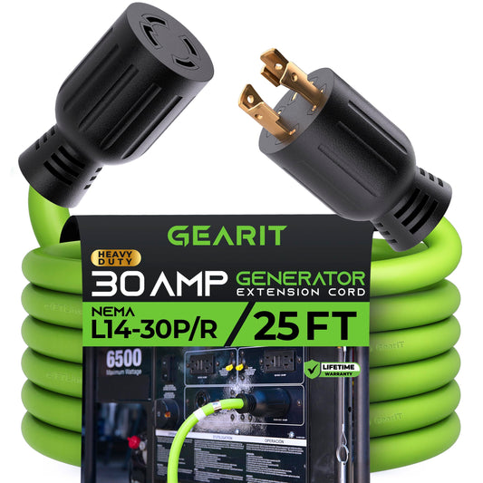 GEARit 30-Amp Generator Extension Cord (25 Feet) 4-Prong 120/250-Volt 7500W, NEMA L14-30P/L L14-30R, 10 Gauge SJTW Locking Power Cord for Manual Transfer Switch, Portable Generators, Power Ou - WoodArtSupply