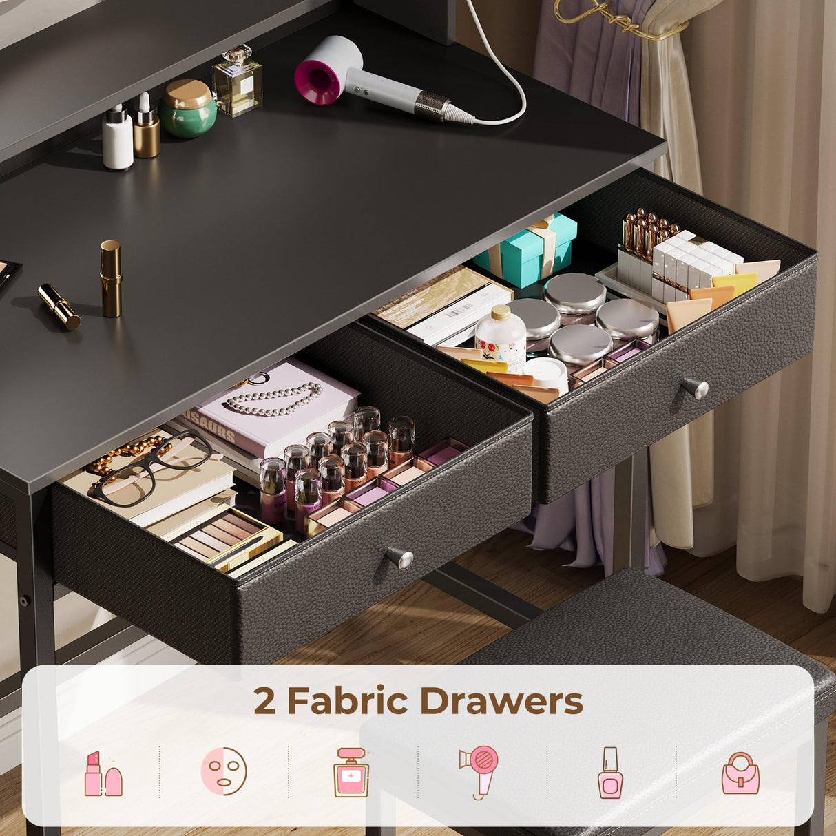 Seventable Vanity Desk Without Mirror, Makeup Vanity with Drawers and Charging Station, Small Desk with Storage for Bedroom, Simple Home Office Computer Desk for Small Spaces, Black Seventable