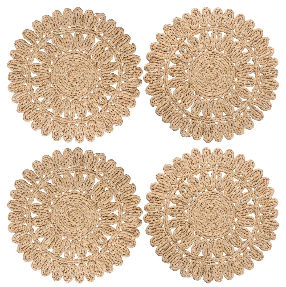 DELAQIKO 13.8" Round Corn Husk Placemats | Boho Woven Rattan Table Mats | Natural Spring Farmhouse Plate Chargers | Handmade Rustic Wicker Place Mats for Christmas Wedding (Set of 4) DELAQIKO