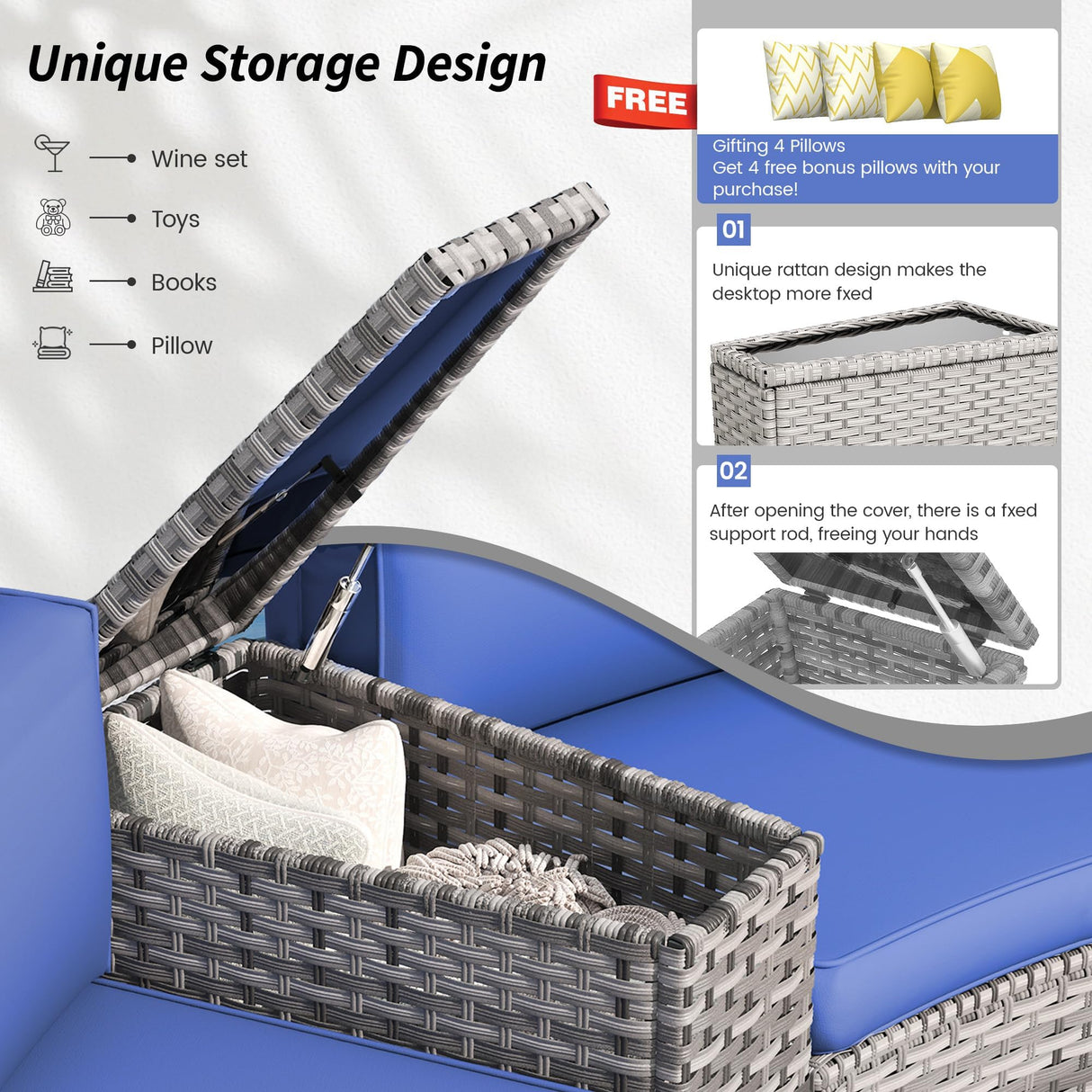 VONZOY Patio Sectional Furniture Outdoor 11-Piece Grey Rattan Curved Sofa Set with Storage Table, Pillows, Fit for Pool Backyard Balcony Porch Lawn (Navy) VONZOY