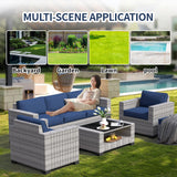7 Piece Patio Furniture Set, Wicker Outdoor Sectional Sofa with Washable Cushion Covers and Tempered Glass Table, Rattan Conversation Set for Poolside, Lawn, Balcony (Navy Blue, Gray-white Rattan) SHGJ&SOFT