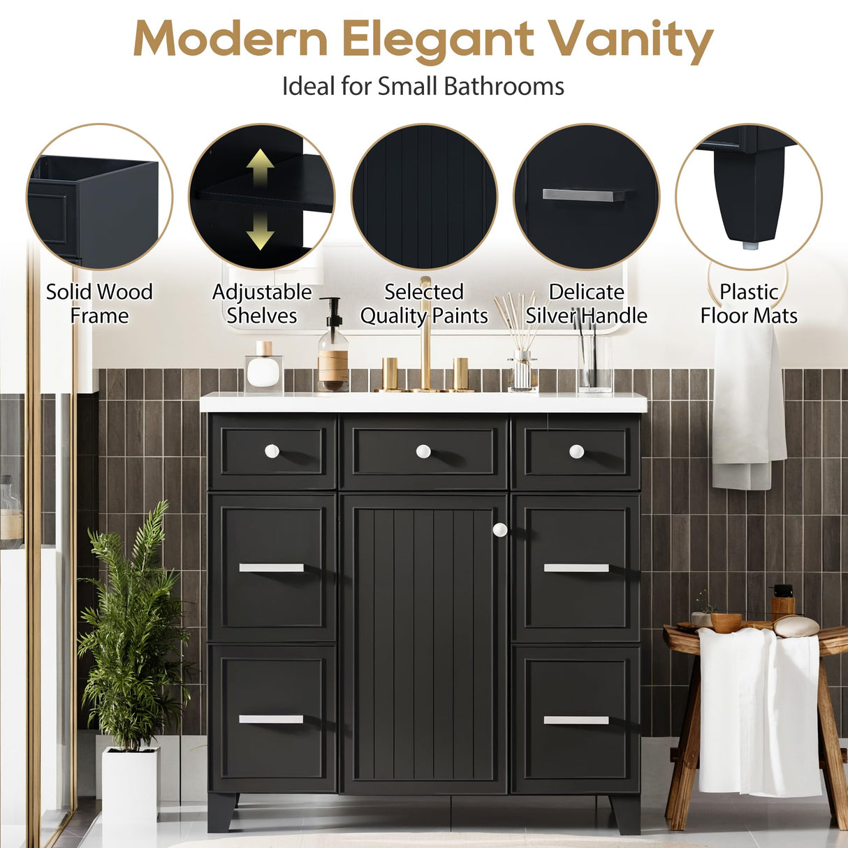 Mirightone 36" Bathroom Vanity with Sink, Bathroom Vanity 36 Inch with Sink, 36 Vanity with Sink for Bathroom, 36 in Restroom Vanity with Top, Soft Closing Door and 3 Drawers, No Faucet (Black) Mirightone