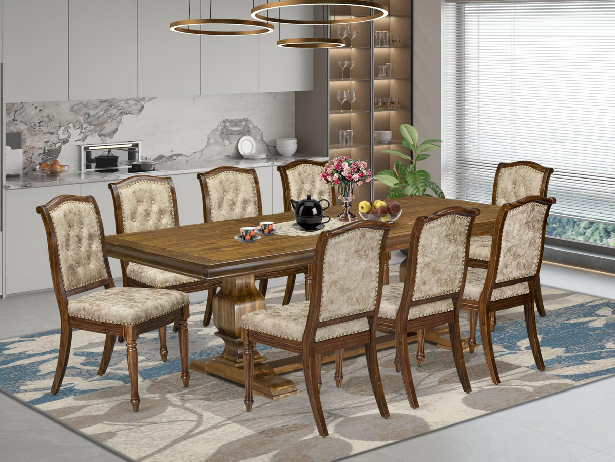 Luxe by East West Furniture NKMA9-AWA-36 9 Pieces Dining Room Set Includes a Rectangular Kitchen Table and 8 Light Beige Polyester Fabric Modern Dining Chairs, Antique Walnut Finish Luxe by East West Furniture