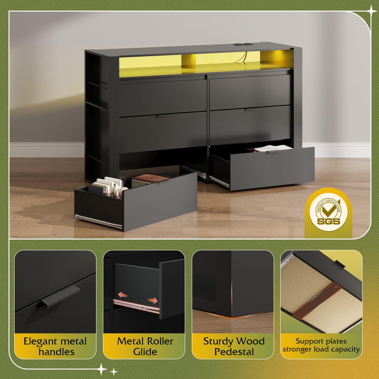 WLIVE 6 Drawer Led Dresser for Bedroom, 50.79'' Black Wood Dresser Storage Organizer with Power Outlets for 55'' TV, Dressers with Open Shelves, Hanging Rack, Chest of Drawers for Closet, Living Room WLIVE