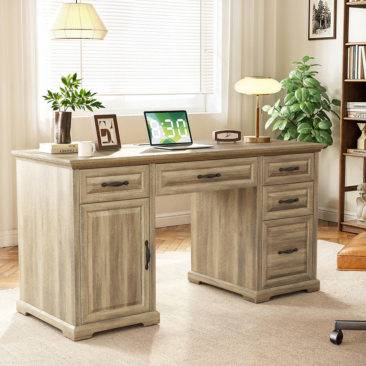 Marsail 60″ Farmhouse Executive Desk, Home Office Desk with Storage Cabinet, Charging Station, Adjustable Shelf, and File Drawer, Rustic Computer Writing Desk for Work & Study, Natural Marsail