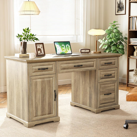 Marsail 60″ Farmhouse Executive Desk, Home Office Desk with Storage Cabinet, Charging Station, Adjustable Shelf, and File Drawer, Rustic Computer Writing Desk for Work & Study, Natural Marsail