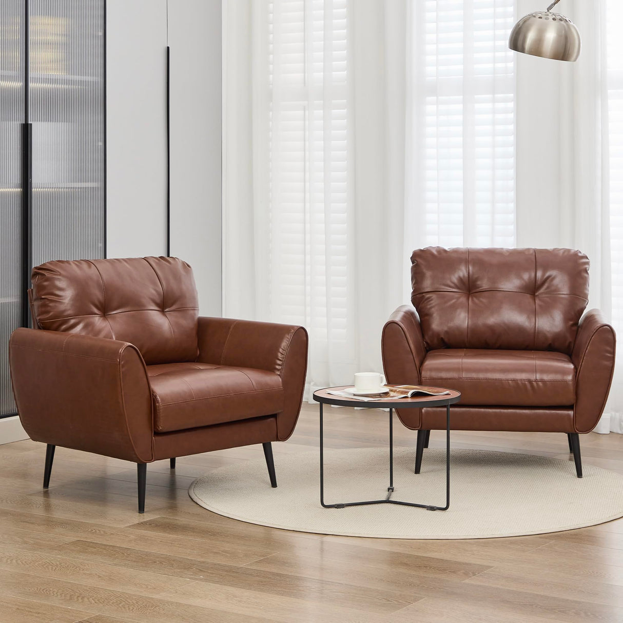 TYBOATLE Accent Chairs Set of 2, Comfy Modern Living Room Brown Leather Reading Accent Chairs Tufted Mid Century Arm Chair Small Salon Chair for Office Bedroom (2, Brown) TYBOATLE