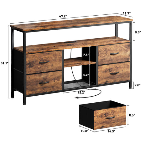 Huuger 47 Inch TV Stand Dresser with Power Outlets and LED Lights, Fabric Dresser for Bedroom, 4 Drawers Entertainment Center with Open Shelf, Media Console for 55 50 Inch TV, Rustic Brown Huuger