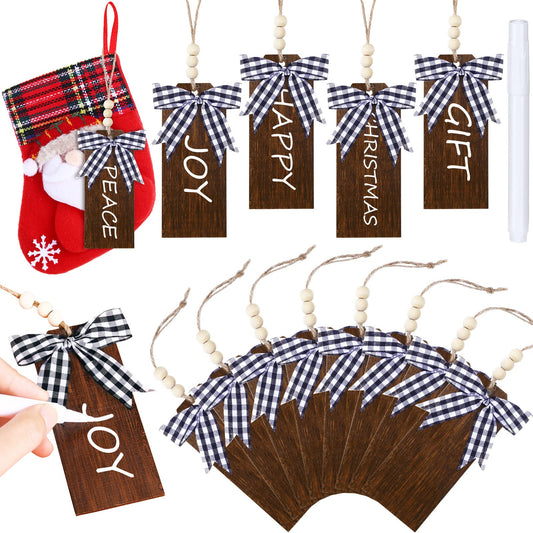 12 Pieces Christmas Stocking Name Tags Personalized Stocking Tag Rustic Country Stocking Tag Farmhouse Xmas Hanging Tag with Wood Bead White Black Buffalo Plaid Bow for Winter Decor (Natural  - WoodArtSupply