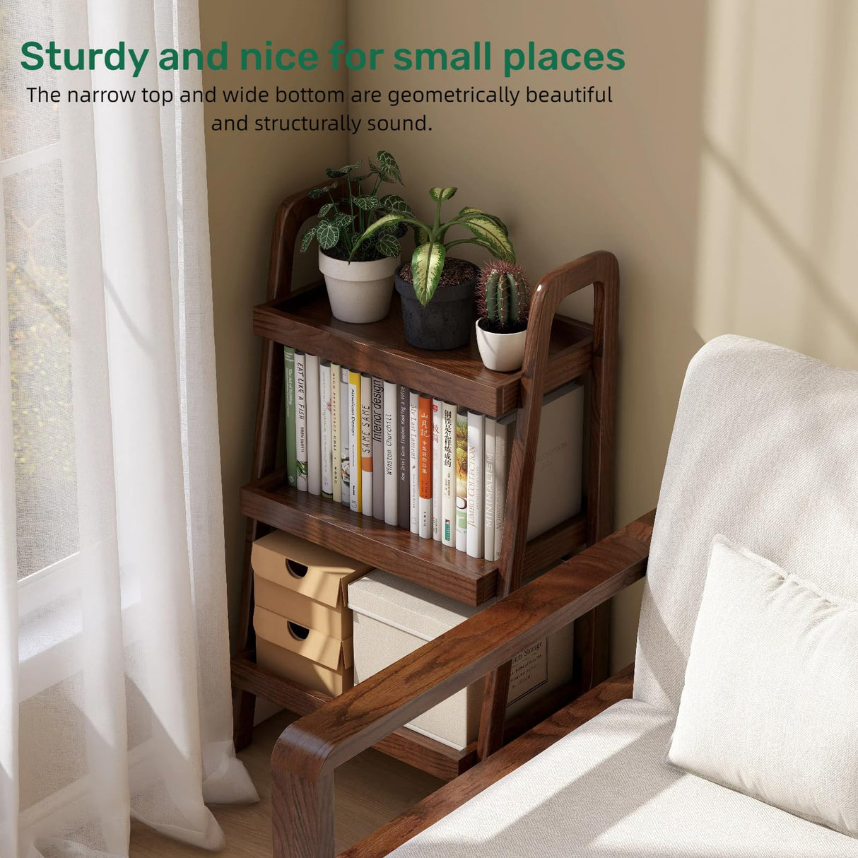 Vadisun 100% Solid Oak 3 Tier Ladder Shelf, Small Bookshelf, Ladder Bookshelf, Bookcase with Stable Frame, Small Table for Living Room Bedroom(Walnut, 12.6" L x 17.72" W x 31.5" H) Vadisun